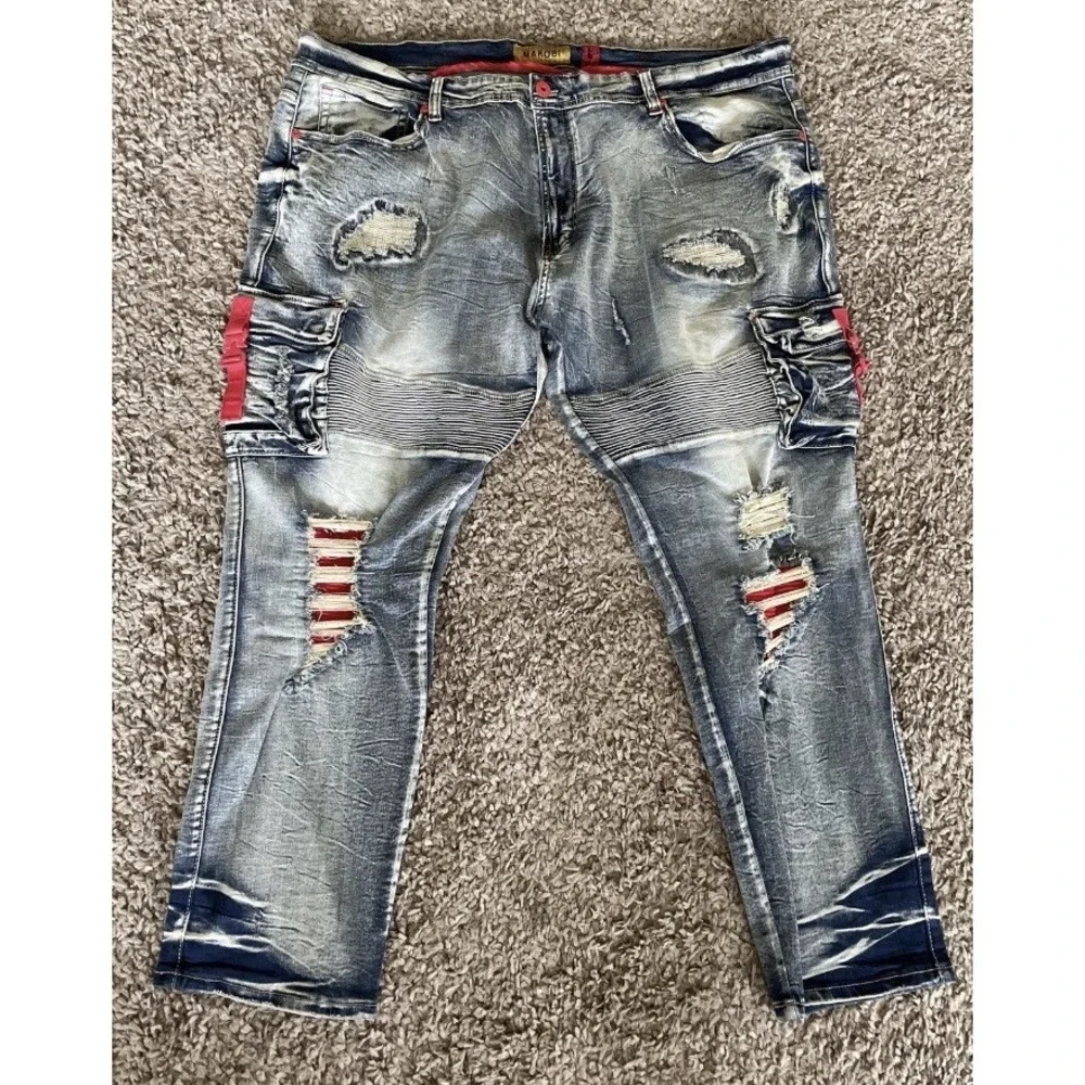 Makobi Men Jeans Size 32x32 Blue Rips Holes Red Buckles Distressed Light Wash